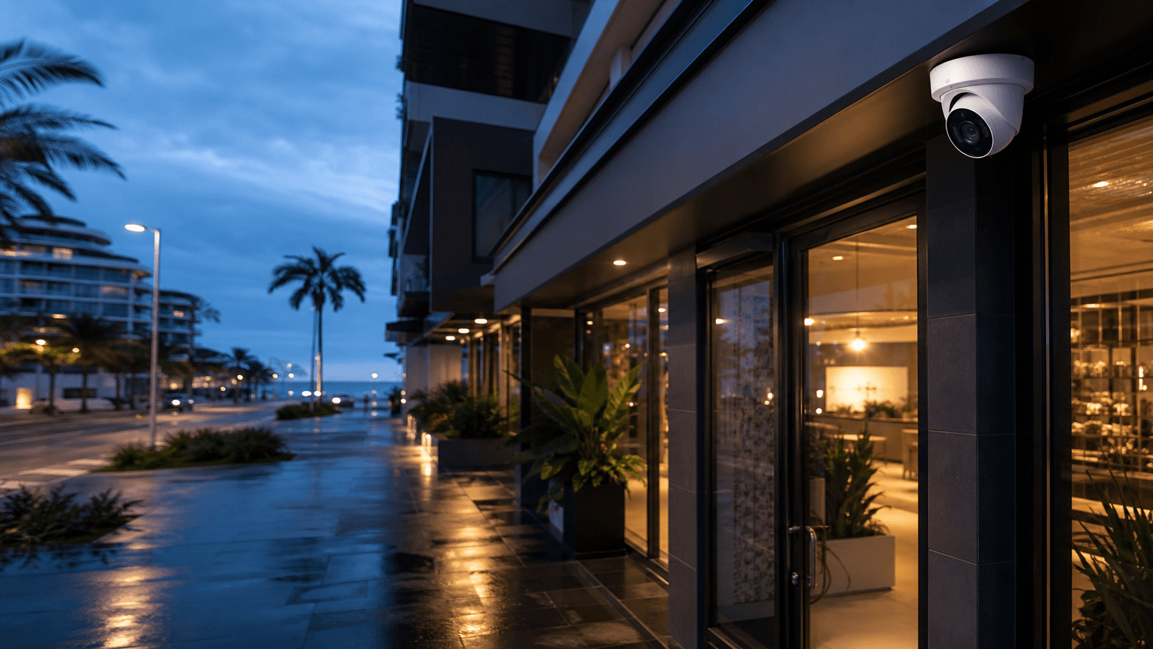 CCTV security camera installed on a commercial building along the Gold Coast beachfront at dusk